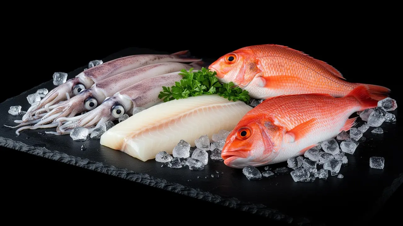 Premium still life: squid, cod and redfish on black slate